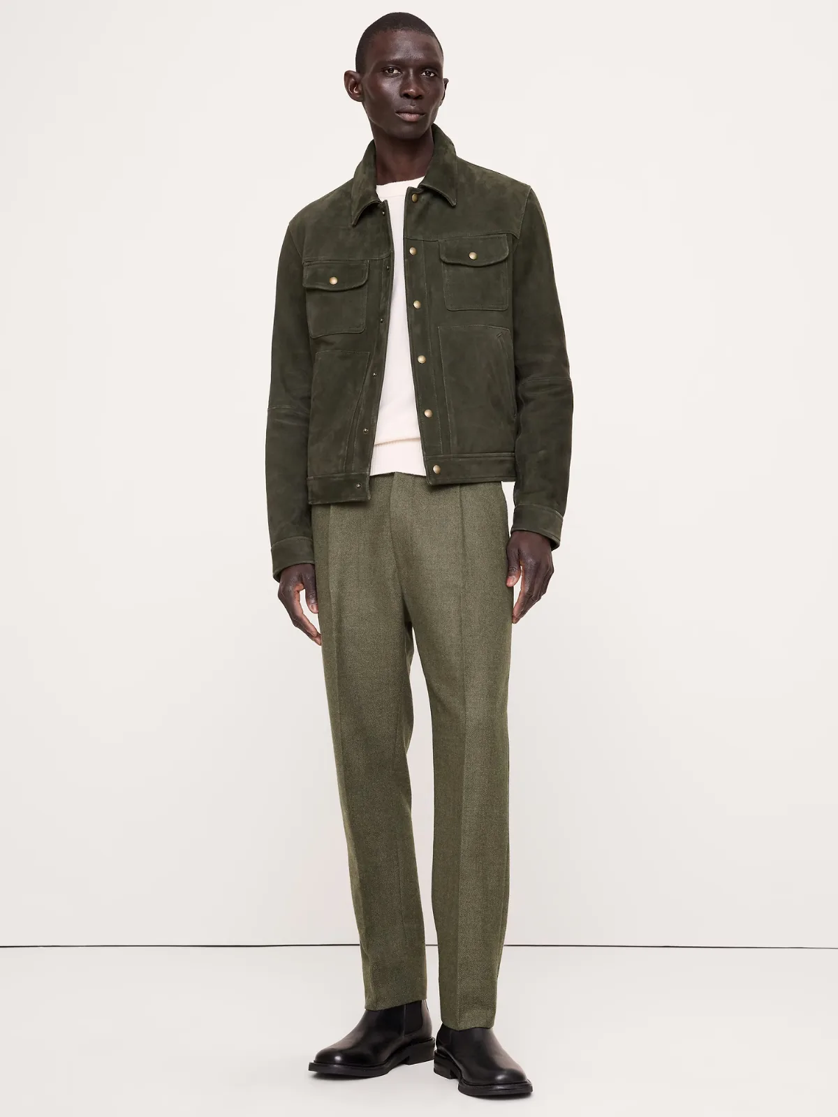 Classic Tapered Wool-Cotton Herringbone Dress Pant
