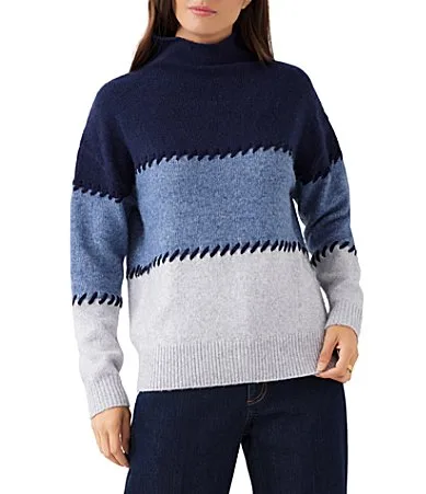 Colorblock Contrast Whipstitch Mock Neck Long Sleeve Sweater by Karen Kane