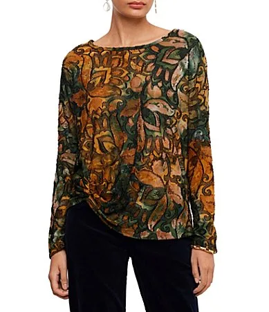 Knit Jacquard Tie-Dye Burnout Print Boat Neck Long Sleeve Top by Karen Kane