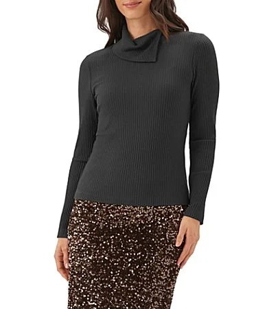 Wide Ribbed Knit Asymmetric Split Collar Long Sleeve Turtleneck by Karen Kane