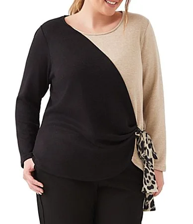 Brushed Double Knit Colorblock Round Neck Long Sleeve Side Tie Draped Sweater by Karen Kane
