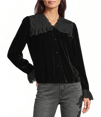 Margeorie Velvet Scalloped Ruffles V-Neck Long Sleeve Button-Front Blouse by Johnny Was
