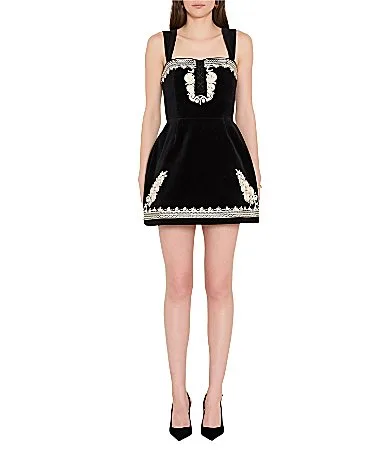 Lottie Embroidered Square Neck Sleeveless Velvet Mini Dress by Amanda Uprichard