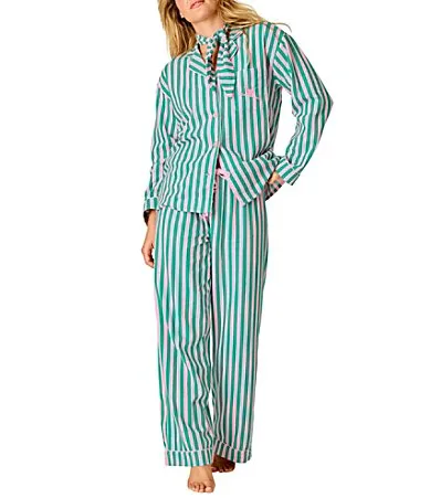Striped Print Ski Bunny Embroidered Long Sleeve Notch Collar Flannel Pajama & Headband Set by PJ Salvage
