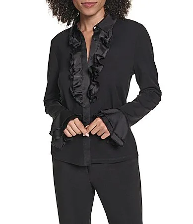 KARL Lagerfeld PARIS Woven Jersey Button V-Neck Round Long Sleeve Ruffle Front Blouse by Karl Lagerfeld