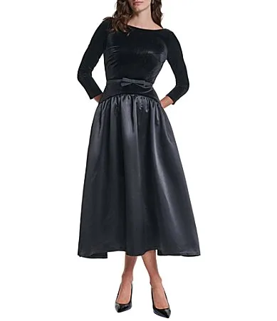 KARL Lagerfeld PARIS Stretch Velvet 34 Sleeve Drop Waist Satin Skirt Dress by Karl Lagerfeld