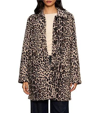 Upside Leopard Print Spread Collar Long Sleeve Button Front Faux Fur Jacket by Sanctuary