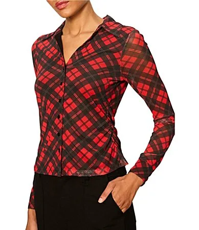 Juno Plaid Printed Spread Collar Long Sleeve Button Front Mesh Top by Sanctuary