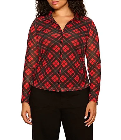 Juno Plaid Printed Spread Collar Long Sleeve Button Front Mesh Top by Sanctuary
