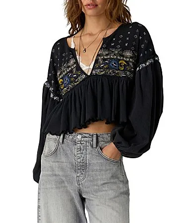 We the Free Bryn Embroidered V-Neck Long Sleeve Waffle-Knit Babydoll Tee by Free People
