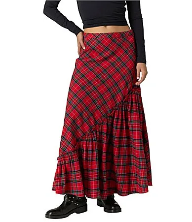 Emberwood Plaid Printed Mid-Rise Asymmetrical Tiered Hem Flannel Maxi Skirt by Free People