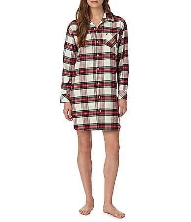 Lauren Ralph Lauren Cream Plaid Print Long Sleeve Shirt Collar Woven Sleepshirt by Ralph Lauren