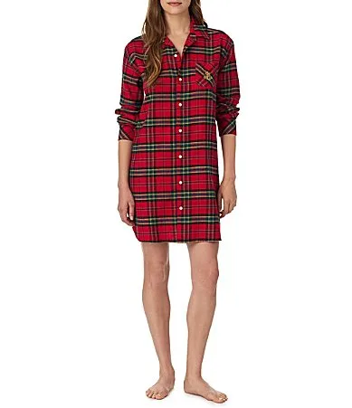Lauren Ralph Lauren Red Plaid Print Long Sleeve Shirt Collar Woven Sleepshirt by Ralph Lauren