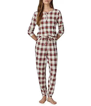 Lauren Ralph Lauren Cream Plaid Print Long Sleeve Henley Crew Neck Knit Jogger Pajama Set by Ralph Lauren