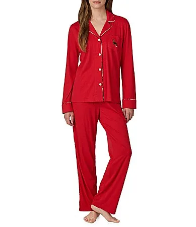 Lauren Ralph Lauren Embroidered Dog Logo Long Sleeve Notch Collar Knit Long Pajama Set by Ralph Lauren