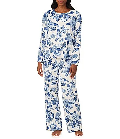 Blue Floral Print Velour Long Sleeve Crew Neck Wide Leg Pajama Set by 40winks