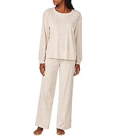 Cozy Cable Knit Print Velour Long Sleeve Crew Neck Wide Leg Pajama Set by 40winks