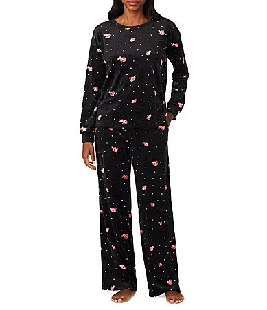 Floral Dot Print Velour Long Sleeve Crew Neck Wide Leg Pajama Set by 40winks