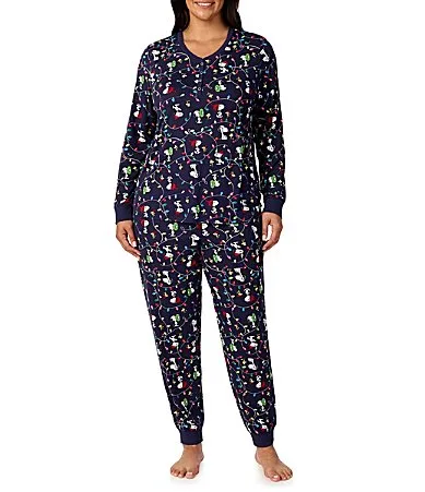 Snoopy Christmas Lights Print Long Sleeve Henley Neck Jersey Knit Jogger Pajama Set by Peanuts