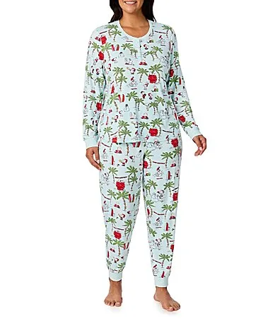 Snoopy Christmas Palm Print Long Sleeve Henley Neck Jersey Knit Jogger Pajama Set by Peanuts
