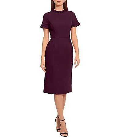 Ruffle Mock Neck Short Sleeve Stretch Crepe Knee Length Pencil Sheath Dress