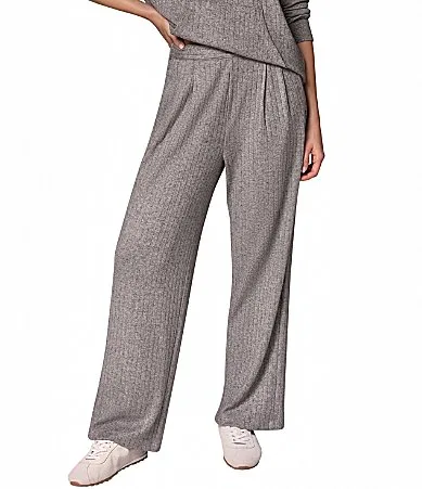 Brushed Knit Ribbed Elastic Waistband Wide Leg Ankle Length Coordinating Pants