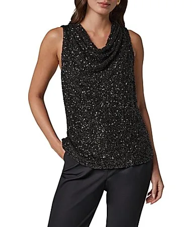Knit Sequin Cowl Neck Sleeveless Top