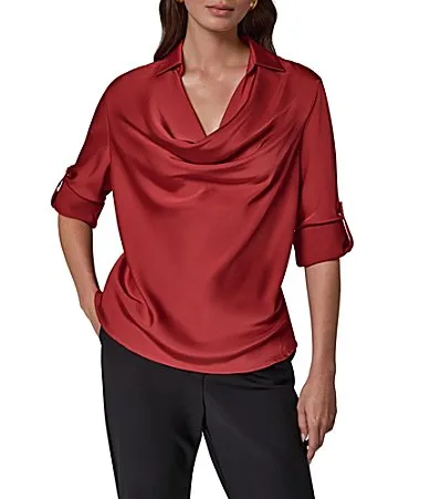 Woven Cowl Neck with Collar Long Sleeve Top