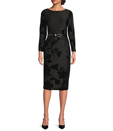 Floral Print Flocked Scuba Boat Neck 3/4 Sleeve Belted Midi Dress