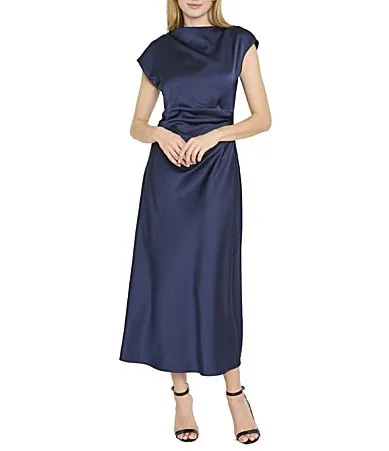 Cap Sleeve Ruched Satin Midi Dress