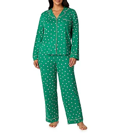 Green Dot Print Long Sleeve Notch Collar Brushed Jersey Knit Pajama Set