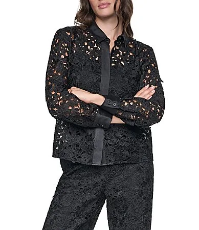 DKNY by Donna Karan Woven Floral Lace Point Collar Long Sleeve Coordinating Shirt