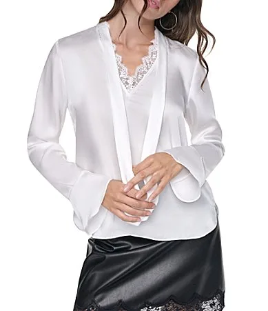 DKNY by Donna Karan Woven Lace Trim V-Neck Long Sleeve Blouse