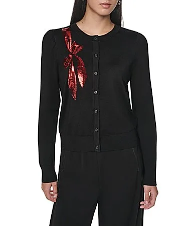 DKNY by Donna Karan Spun Knit Sequin Bow Crew Neck Long Sleeve Sweater Top