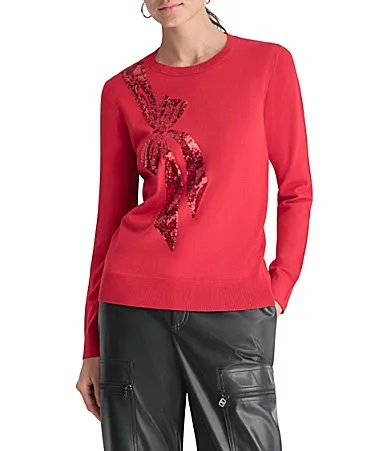 DKNY Sequin Bow Motif Crew Neck Long Sleeve Festive Sweater