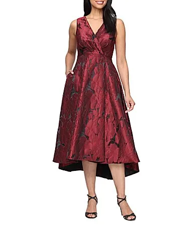 Sleeveless Surplice Neck Jacquard Hi-Low Dress