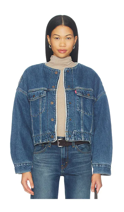 Collarless Crop Sherpa Trucker