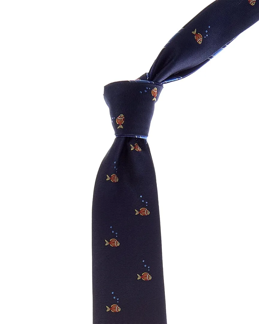 Navy Fish/Stripes Reversible Silk Tie by Canali