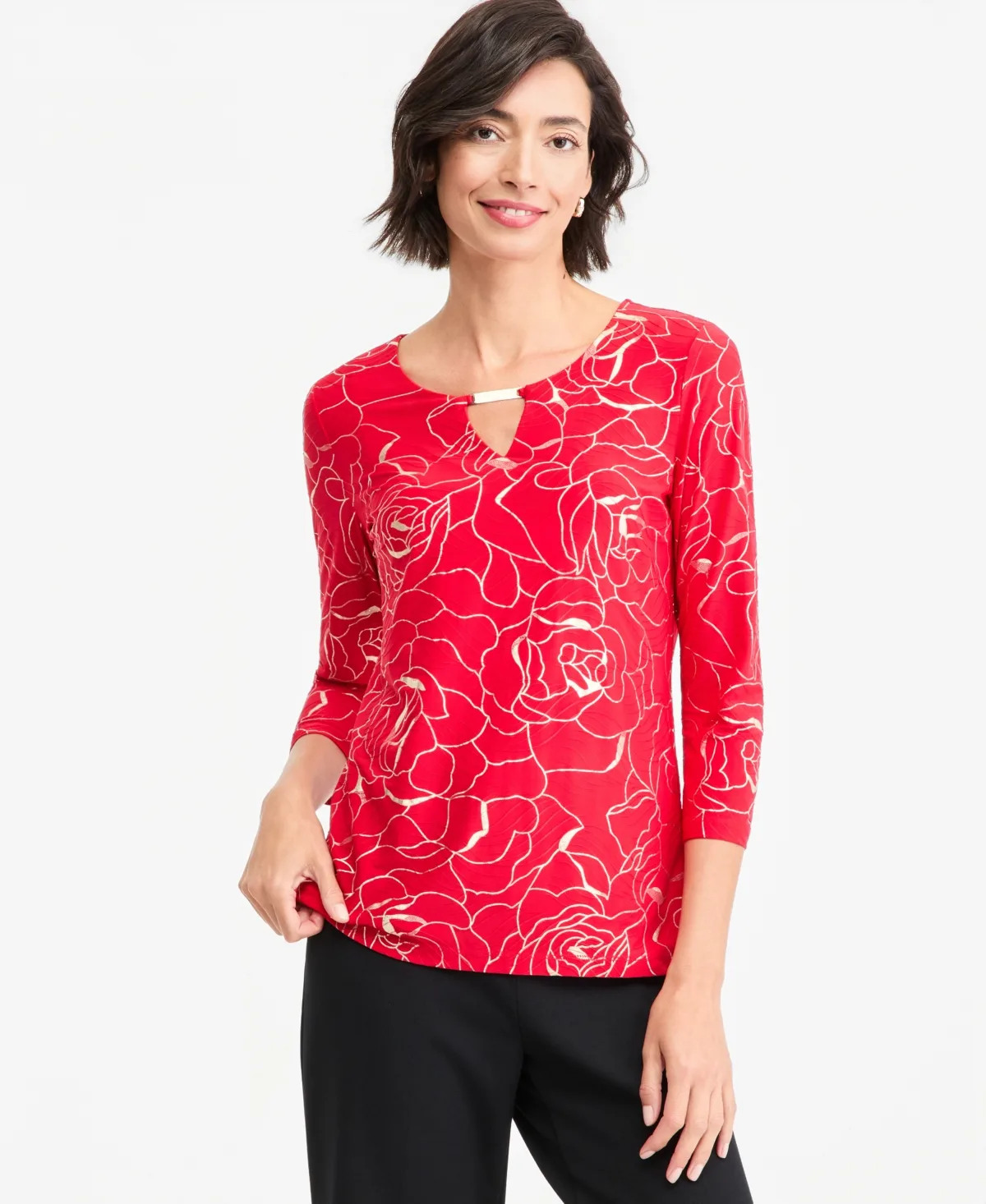 3/4-Sleeve Keyhole Shine Party Top