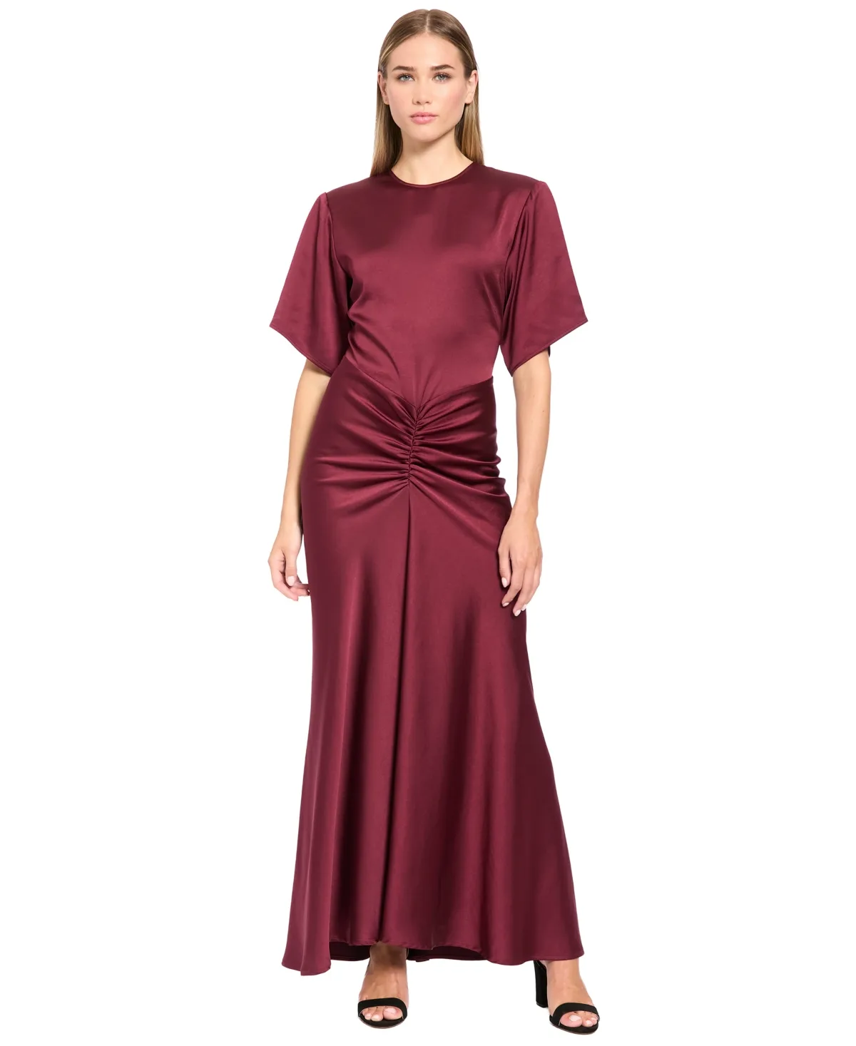 Wedding Guest Short-Sleeve Satin Maxi Dress
