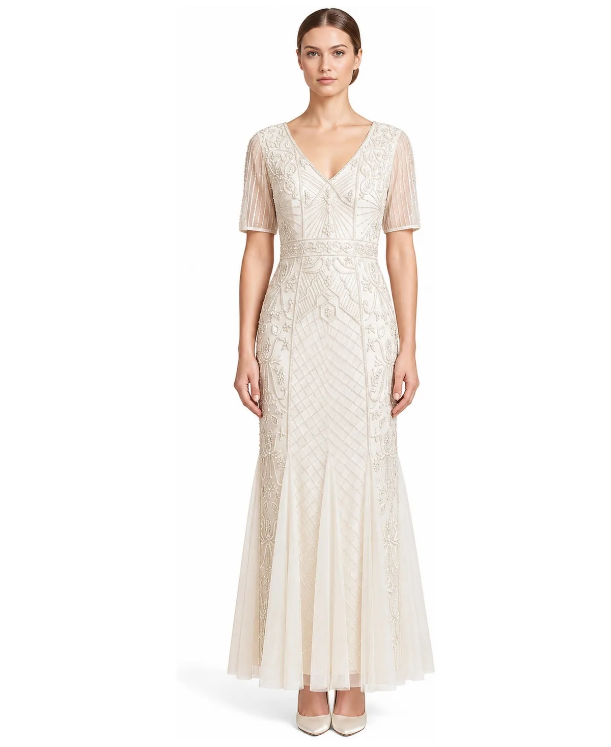 Embellished V-Neck Cape-Sleeve Gown