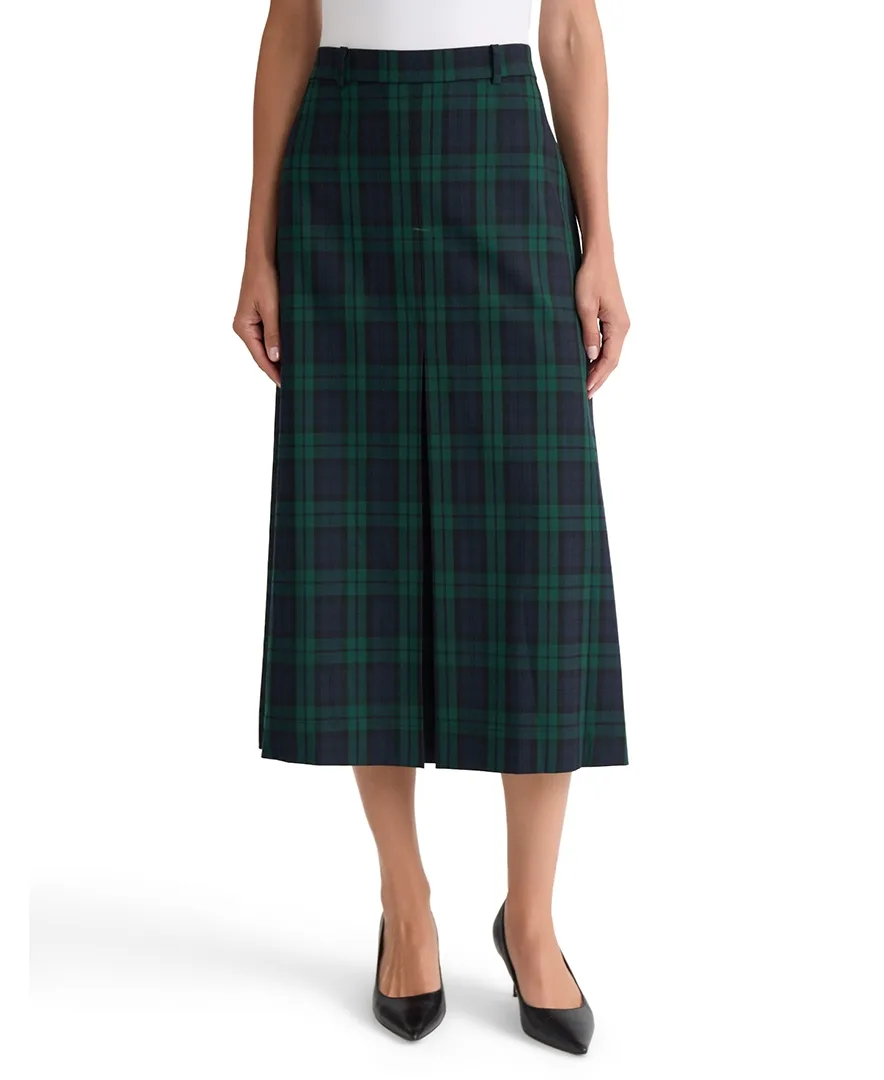 Plaid High-Waisted Inverted Pleat Midi Skirt