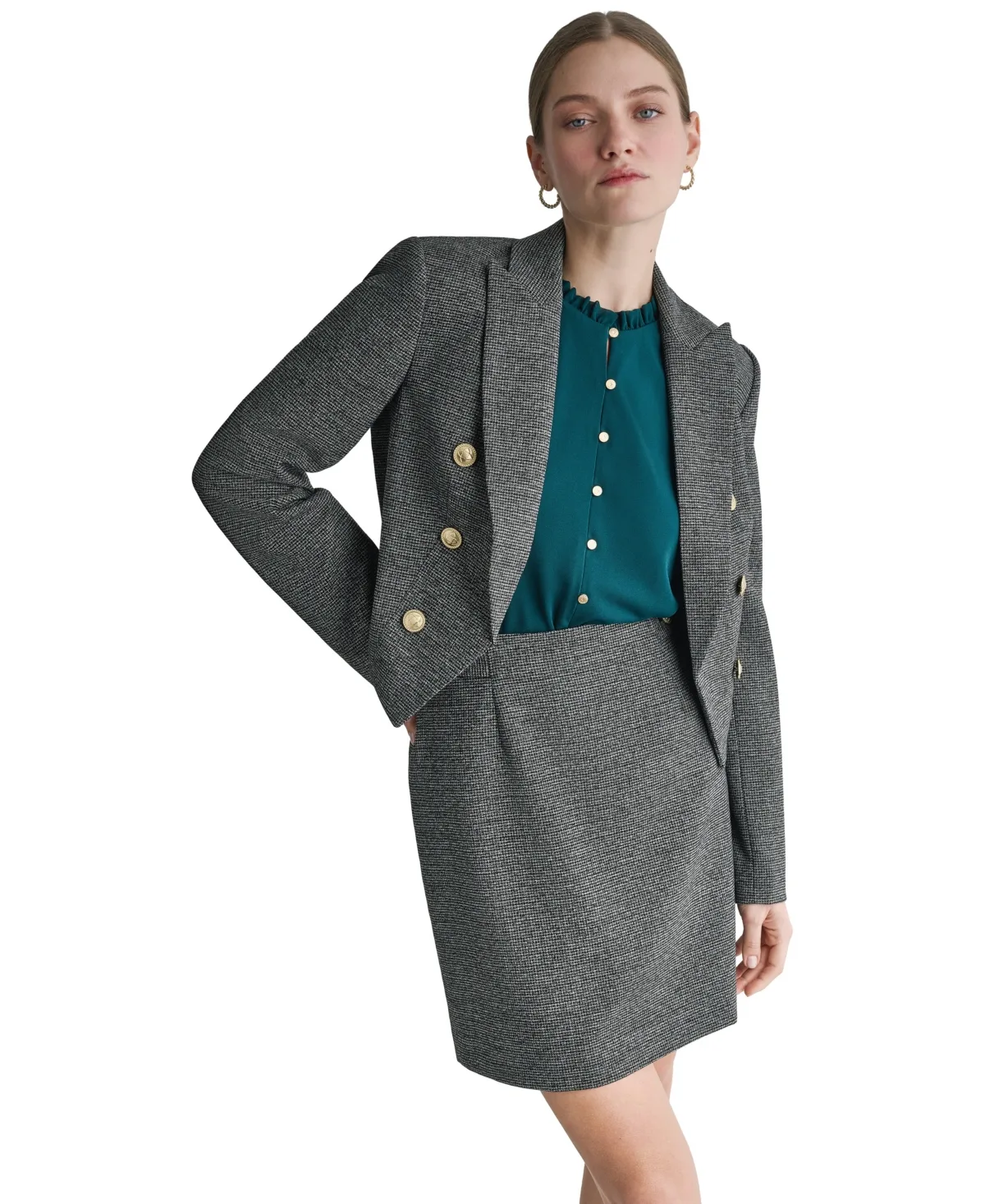 BCBG Houndstooth Double-Breasted Cropped Blazer