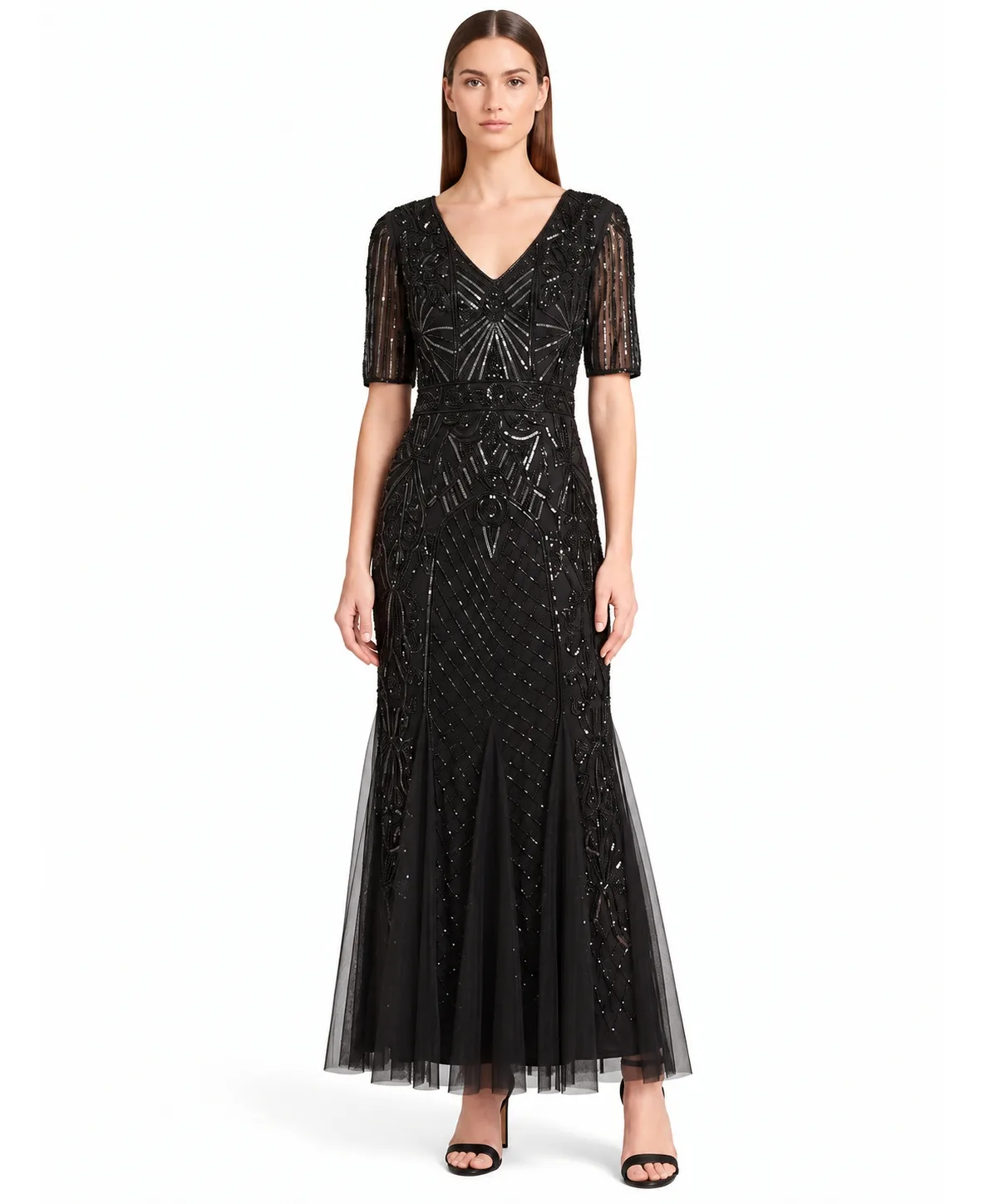 Lara Embellished Cape-Sleeve Gown