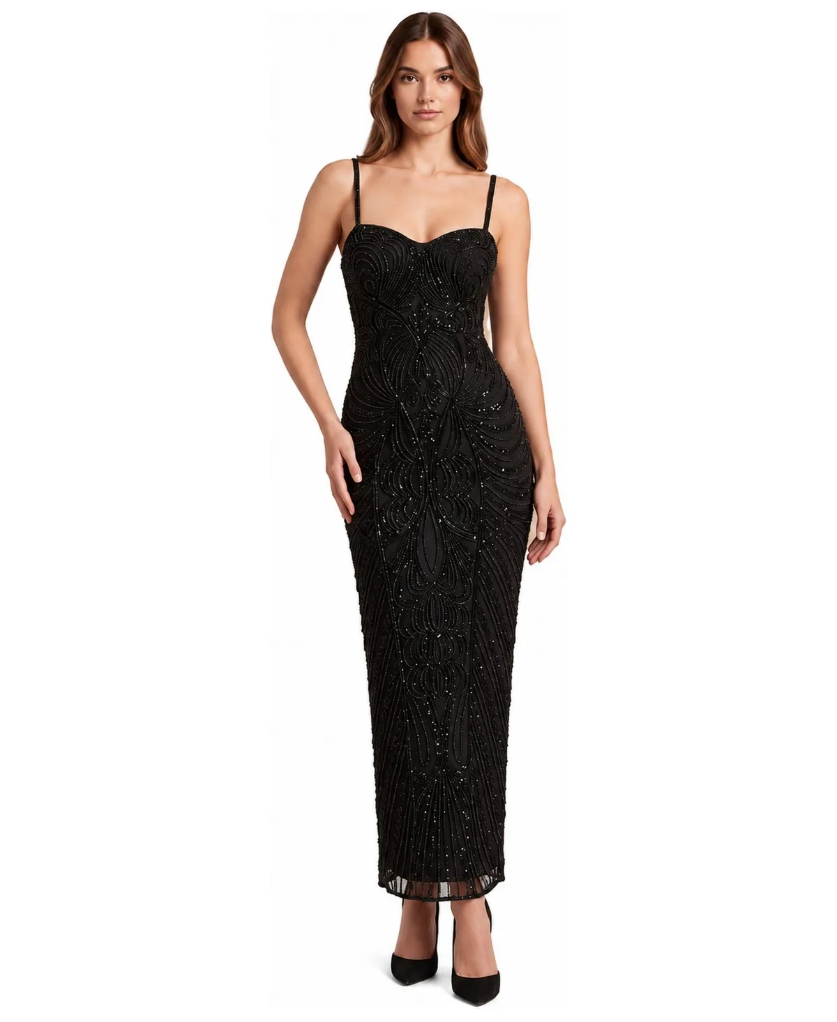 Lara Beaded Spaghetti Strap Sweetheart Midi Dress