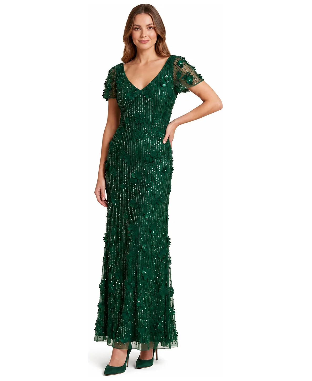 3D Floral Embellished Cape Sleeves Gown