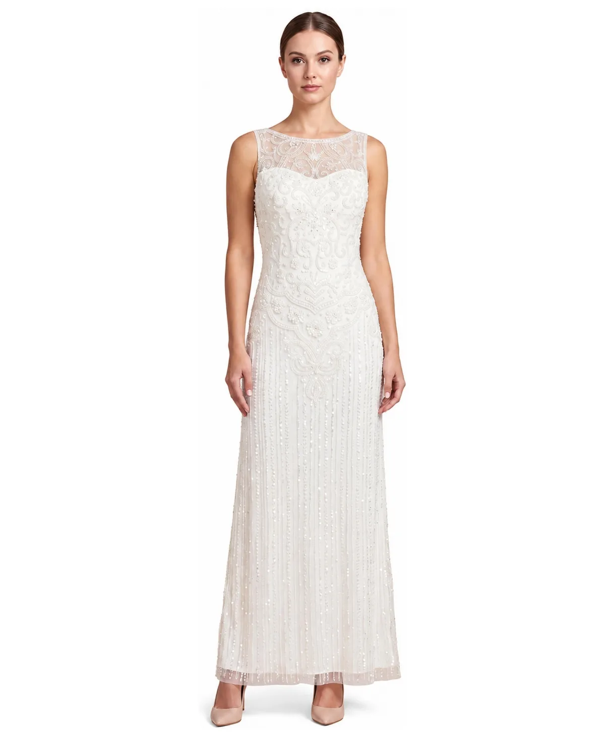 Beaded Illusion Neckline Cowl Back Maxi Dress
