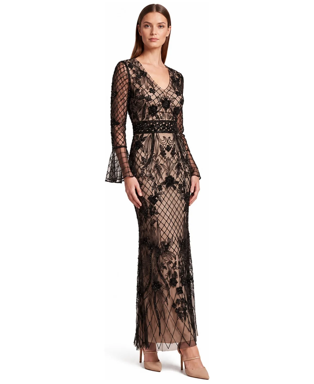 Bell-Sleeve Beaded V-Neck Gown