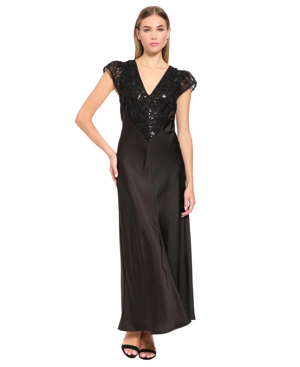 Flutter-Sleeve Embroidered Satin Midi Dress