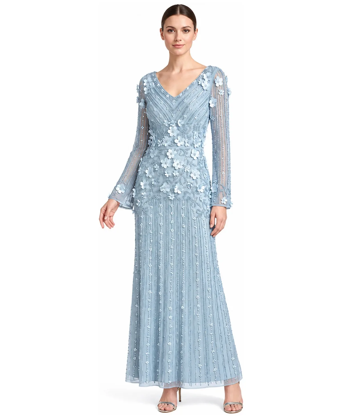3D Floral Embellished Long Sleeve Gown